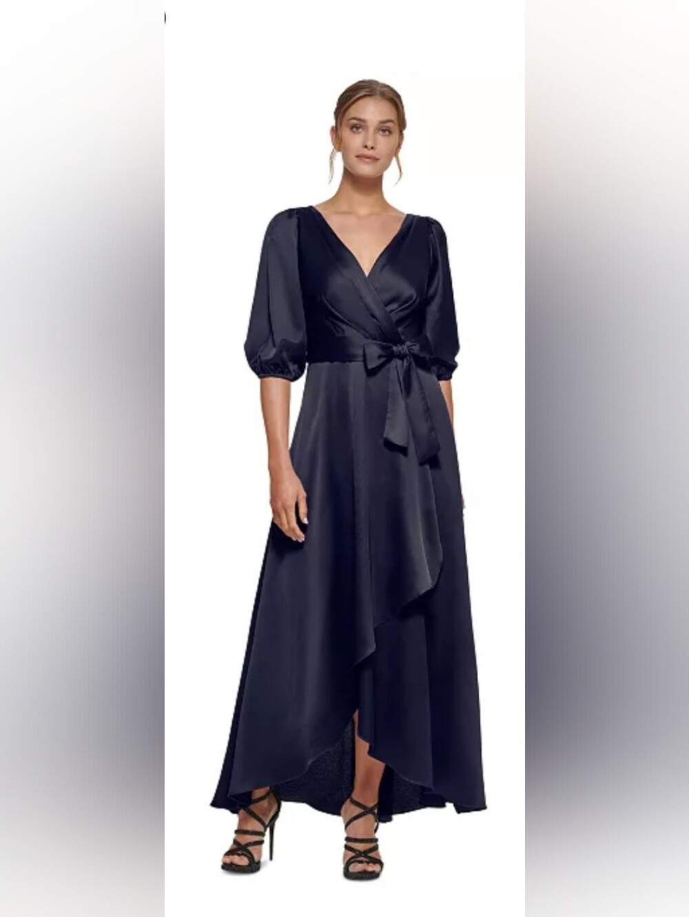DKNY Satin Navy Wrap Dress with Puff Three-Quarter Sleeves